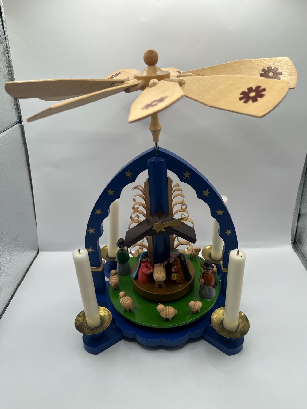 VTG RICHARD GLASSER German Wood Xmas Nativity  w/ Arc & Spinning Platform/Blades